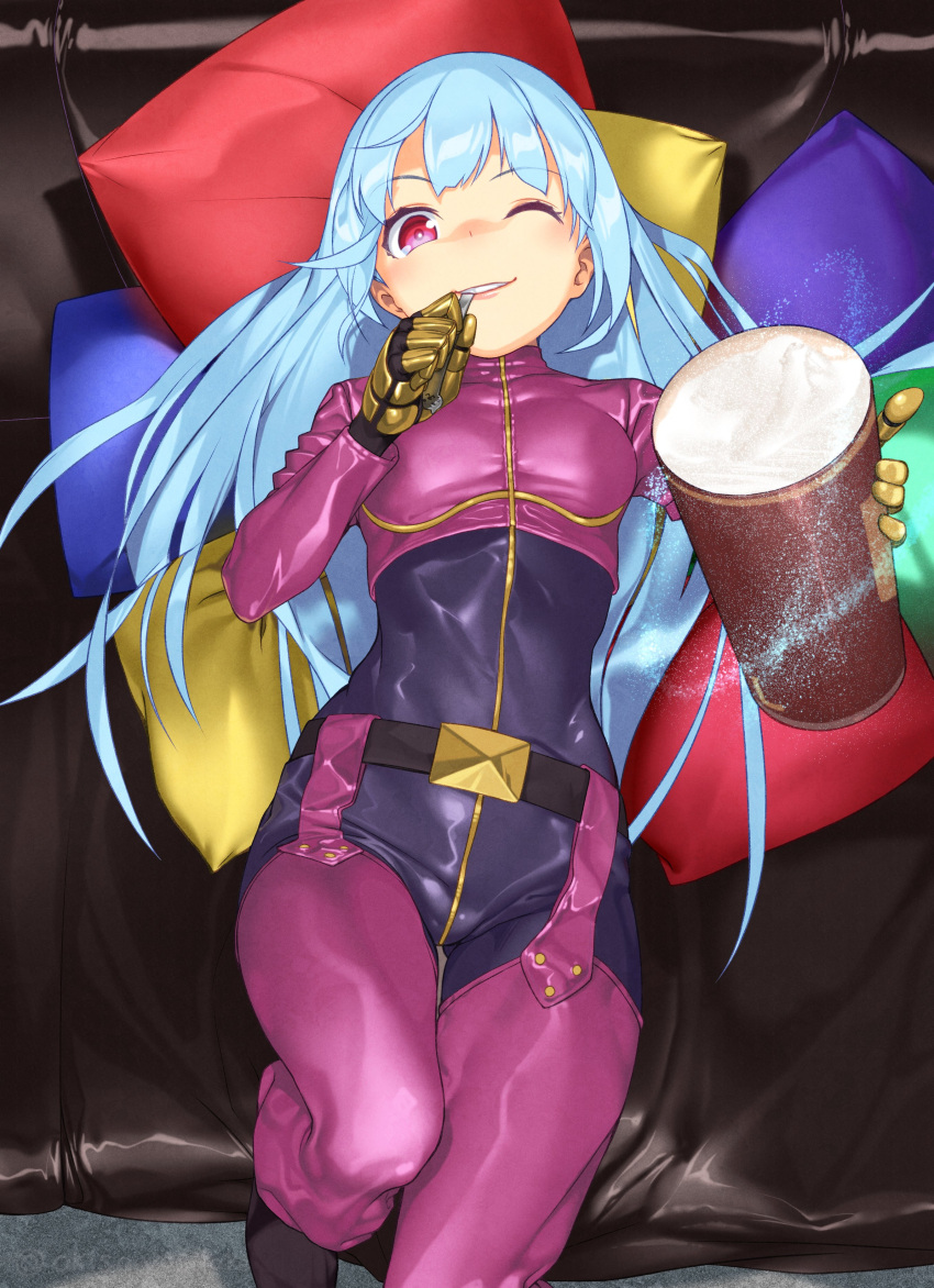 1girl ;d absurdres akisa_(12023648) bangs belt blue_hair bodysuit breasts couch cushion eyebrows_visible_through_hair food gloves highres holding holding_food ice_cream ice_cream_tub kula_diamond long_hair long_sleeves looking_at_viewer on_couch one_eye_closed open_mouth reclining red_eyes smile solo straight_hair the_king_of_fighters