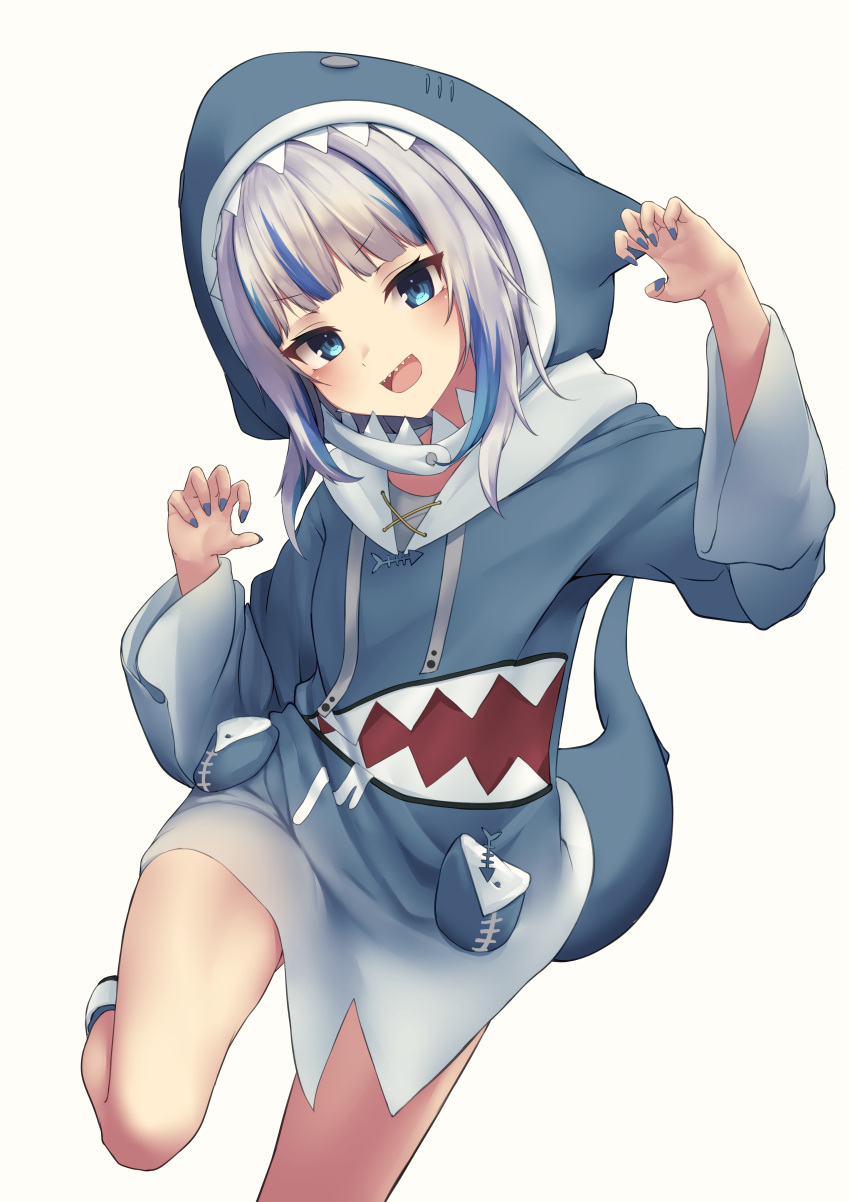 1girl :d absurdres animal_costume animal_hood bangs bare_legs black_panties bloop_(gawr_gura) blue_eyes blue_hair blue_hoodie blue_nails blunt_bangs claw_pose eyebrows_visible_through_hair fish_tail gawr_gura hair_ornament highres hololive hololive_english hood hoodie inaba_teitoku knee_up light_blush long_sleeves looking_at_viewer medium_hair multicolored_hair open_mouth panties shark_costume shark_girl shark_hair_ornament shark_hood shark_tail sharp_teeth shoes silver_hair simple_background smile sneakers solo streaked_hair tail teeth underwear v-shaped_eyebrows virtual_youtuber white_background white_footwear wide_sleeves