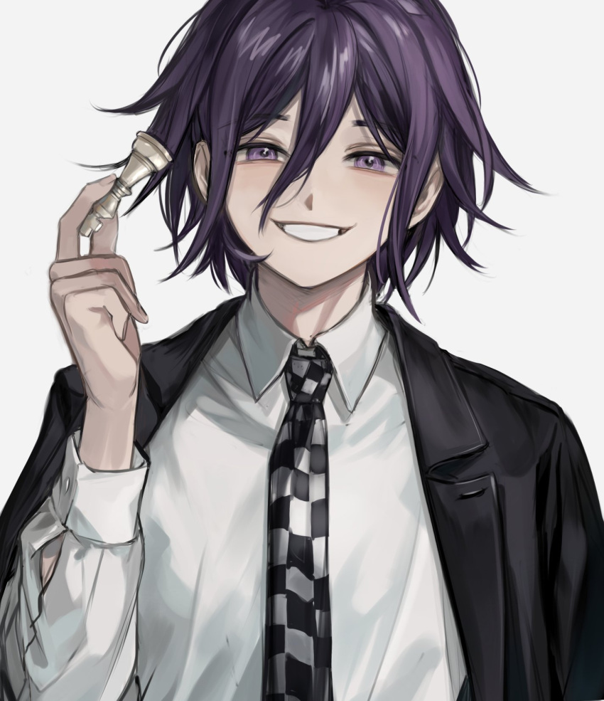 1boy bangs black_jacket checkered checkered_neckwear chess_piece collared_shirt dangan_ronpa_(series) dangan_ronpa_v3:_killing_harmony grey_background grin hair_between_eyes highres holding jacket jacket_on_shoulders king_(chess) long_sleeves looking_at_viewer male_focus muuyiie necktie official_alternate_costume ouma_kokichi purple_hair shiny shiny_hair shirt simple_background smile solo symbol_commentary teeth upper_body violet_eyes white_background white_shirt
