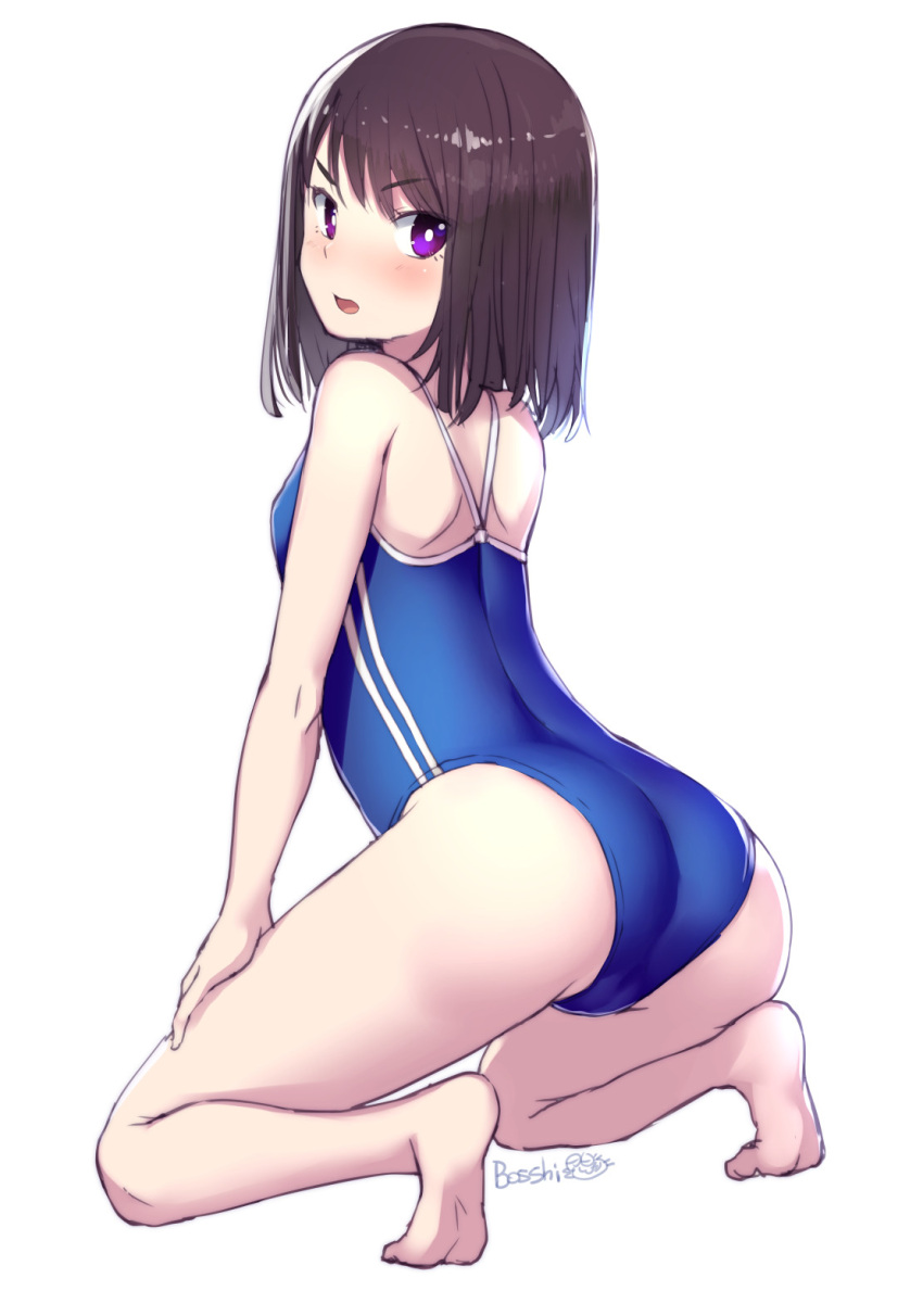 1girl barefoot black_hair blue_swimsuit bosshi commentary_request competition_school_swimsuit from_behind highres kneeling original school_swimsuit short_hair simple_background solo swimsuit twitter_username violet_eyes white_background