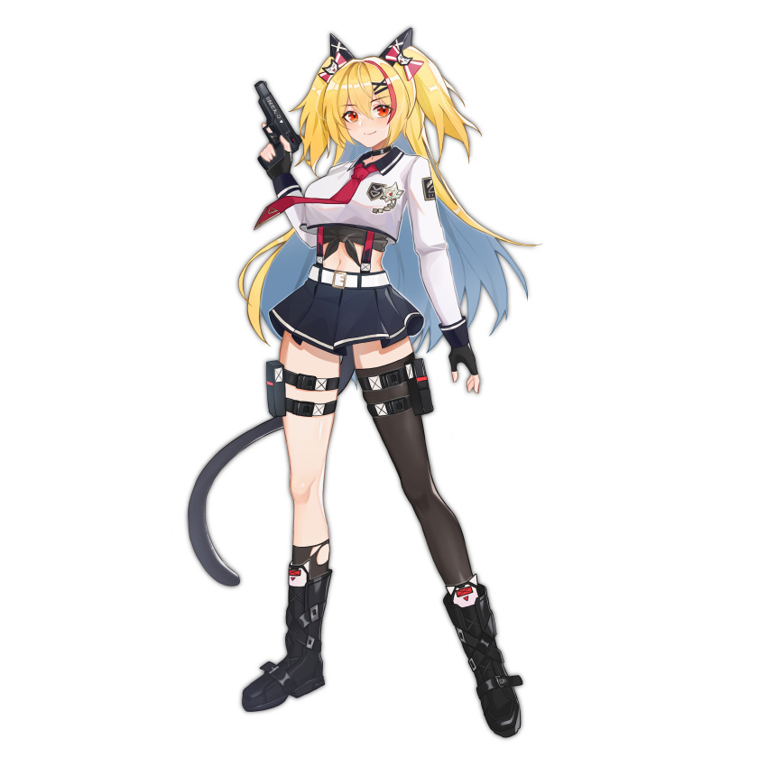 1girl absurdres bangs black_gloves black_legwear blonde_hair bow breasts eyebrows_visible_through_hair fingerless_gloves gloves gun hair_bow hair_ornament highres holding holding_gun holding_weapon lan_zhu_gu large_breasts long_hair looking_at_viewer miniskirt multicolored_hair navel original red_eyes redhead school_uniform simple_background single_thighhigh skirt solo standing tail thigh-highs torn_clothes torn_legwear twintails uniform weapon white_background