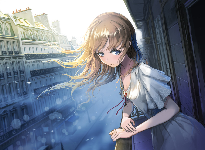1girl blonde_hair blue_eyes blush breasts brown_hair closed_mouth collarbone day floating_hair gradient_hair grey_skirt highres leaning_forward lens_flare long_hair looking_down multicolored_hair original outdoors red_ribbon ribbon shiny shiny_hair shirt short_sleeves skirt small_breasts smile solo ume_(illegal_bible) white_shirt