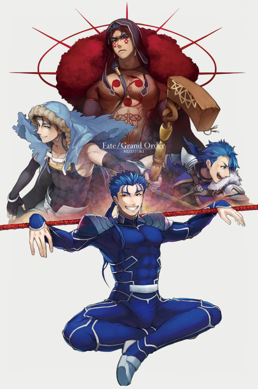 4boys abs angry armor belt blue_hair bodypaint bodysuit bracelet bulge cape capelet closed_mouth crossed_legs cu_chulainn_(fate)_(all) cu_chulainn_(fate/grand_order) cu_chulainn_(fate/prototype) cu_chulainn_alter_(fate/grand_order) dark_blue_hair dark_persona detached_hood earrings elbow_gloves facepaint fate/grand_order fate/prototype fate/stay_night fate_(series) fingerless_gloves full_body fur-trimmed_cape fur-trimmed_hood fur_trim gae_bolg gloves grin highres holding holding_polearm holding_staff holding_weapon hood hood_up hooded_capelet jewelry lancer long_hair looking_at_viewer male_focus mizutoki multiple_boys multiple_persona muscular open_mouth pauldrons pectorals polearm ponytail red_eyes shirtless shoulder_armor simple_background sitting skin_tight smile spikes spiky_hair staff tank_top type-moon vambraces weapon white_background wooden_staff