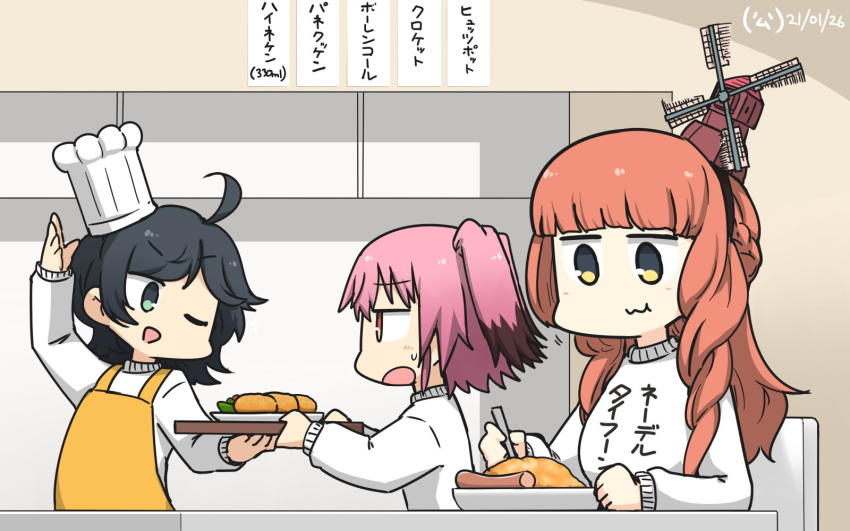 3girls ahoge alternate_costume apron bangs black_hair blunt_bangs braid chef_hat clothes_writing colored_tips commentary_request curly_hair dated de_ruyter_(kantai_collection) food green_eyes hair_ornament hamu_koutarou hat highres kantai_collection kunashiri_(kantai_collection) long_hair matsukaze_(kantai_collection) multiple_girls one_eye_closed orange_eyes pink_hair redhead short_hair side_braid sweater swept_bangs table toque_blanche translation_request two_side_up upper_body wavy_hair white_sweater yellow_apron