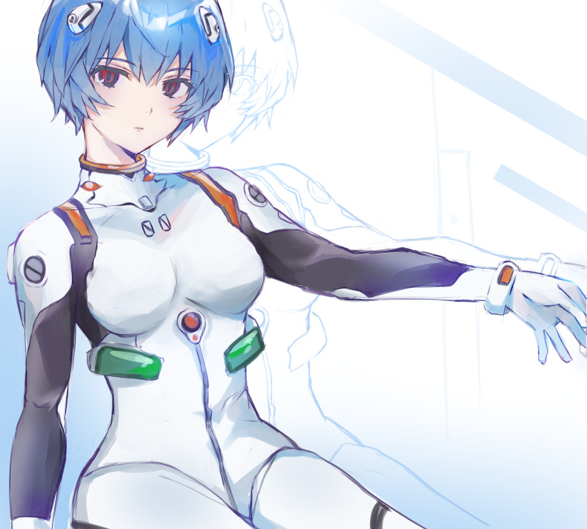 1girl ayanami_rei bangs blue_background blue_hair bodysuit breasts closed_mouth eyebrows_visible_through_hair gradient gradient_background hair_between_eyes headpiece heremia highres neon_genesis_evangelion outstretched_arm plugsuit red_eyes short_hair sitting small_breasts solo white_background white_bodysuit
