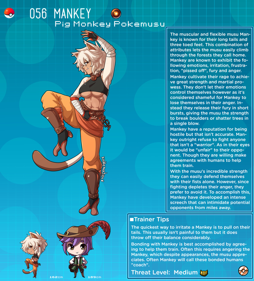 1boy 1girl animal_ears artist_name beads belt breasts brown_eyes chain character_name character_profile english_commentary english_text fangs gen_1_pokemon highres kinkymation mankey medium_breasts monkey_girl monkey_tail personification poke_ball pokemon prayer_beads purple_hair standing standing_on_one_leg tail toned white_hair