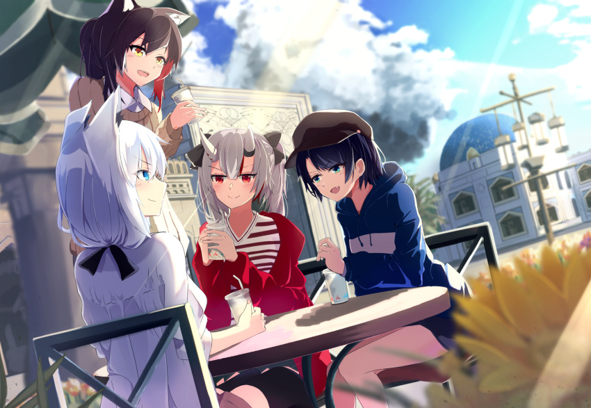 4girls animal_ears black_hair blue_hoodie blurry blurry_background casual clouds cloudy_sky commentary_request cup day eyebrows_visible_through_hair fams_(group) fang fox_ears fox_girl green_eyes grey_hair hair_between_eyes hair_ribbon highres holding holding_cup hololive hood hoodie horns jacket long_hair looking_at_another multicolored_hair multiple_girls nakiri_ayame oni_horns ookami_mio oozora_subaru open_clothes open_jacket open_mouth outdoors red_eyes red_jacket redhead ribbon shirakami_fubuki shirt short_hair sitting sky smile striped striped_shirt sweater two-tone_hair virtual_youtuber wayuzz99 white_hair white_shirt wolf_ears wolf_girl yellow_eyes