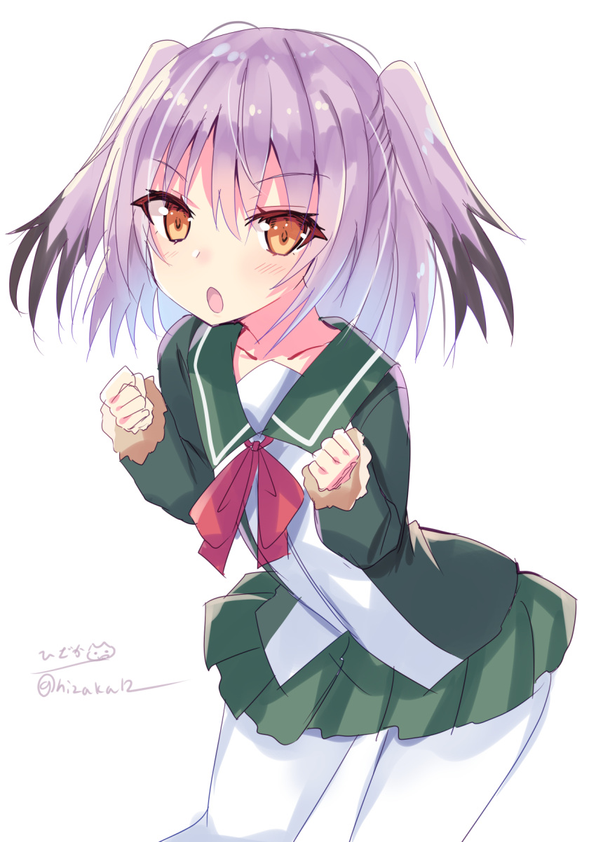 1girl artist_name blush collarbone eyebrows_visible_through_hair feet_out_of_frame fur-trimmed_sleeves fur_trim green_jacket green_skirt hair_between_eyes highres hizaka jacket kantai_collection kunashiri_(kantai_collection) long_hair long_sleeves multicolored_hair neck_ribbon open_mouth pantyhose pink_hair pleated_skirt red_ribbon ribbon signature simple_background skirt solo twitter_username two-tone_hair two_side_up white_background white_legwear yellow_eyes