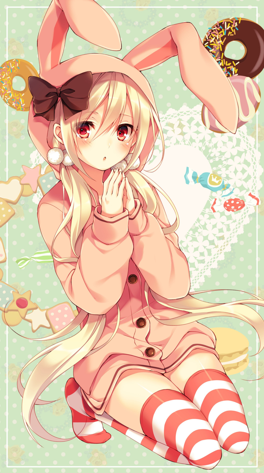 1girl :o absurdres animal_hood blonde_hair bunny_hood candy_wrapper cookie doughnut food hair_ornament highres hood hoodie kneeling long_hair looking_at_viewer low_twintails no_shoes original photoshop_(medium) pom_pom_(clothes) red_eyes solo sprinkles steepled_fingers striped striped_legwear thigh-highs tiptoes toosaka_asagi twintails very_long_hair zettai_ryouiki