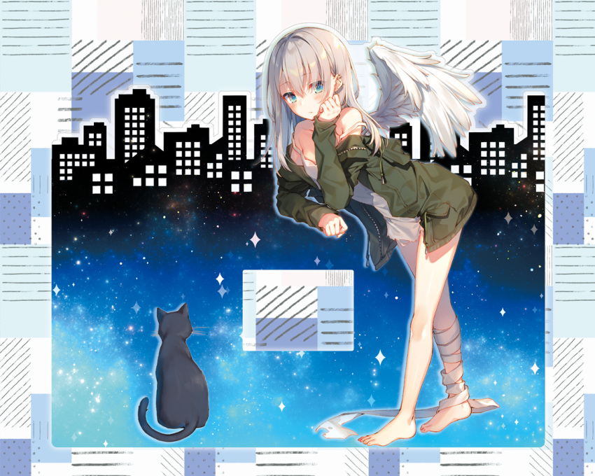 1girl angel_wings bandaged_leg bandages barefoot bent_over black_cat blue_eyes cat closed_mouth copyright_request dress earrings feathered_wings green_jacket grey_dress grey_hair hand_up jacket jewelry long_hair long_sleeves looking_at_viewer open_clothes open_jacket short_dress solo strap_slip toosaka_asagi white_wings wings