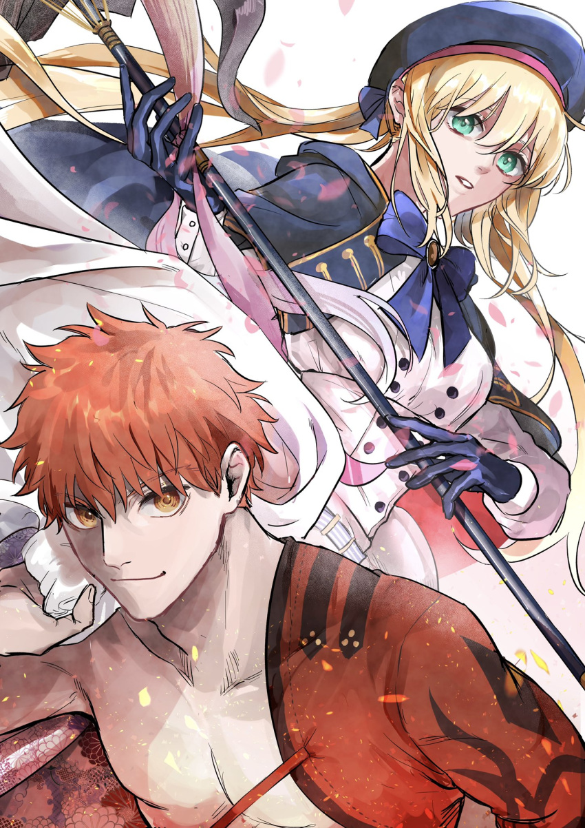 1boy 1girl artoria_pendragon_(all) artoria_pendragon_(caster) bangs beret blonde_hair cloak emiya_shirou fate/grand_order fate_(series) gloves green_eyes hat highres holding igote limited/zero_over long_hair looking_at_viewer orange_eyes parted_lips petals redhead ribbon sengo_muramasa_(fate) smile staff ymann123