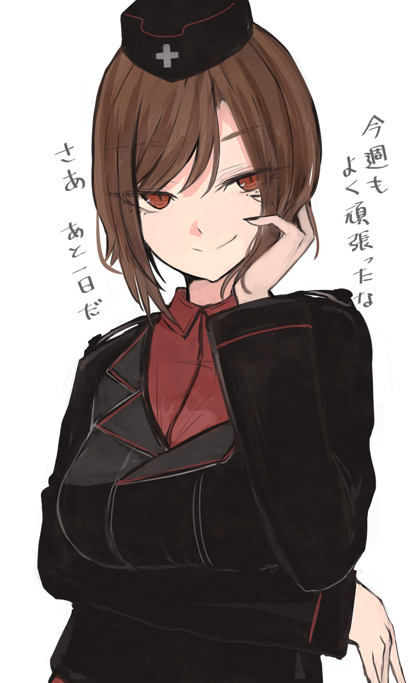1girl absurdres black_headwear black_jacket black_nails bob_cut breast_rest breasts brown_hair closed_mouth collared_shirt fingernails girls_und_panzer hand_up hat highres jacket large_breasts looking_at_viewer medium_hair military military_hat military_uniform nail_polish ne_kuro nishizumi_maho red_eyes red_shirt shirt simple_background smile solo translation_request uniform white_background wing_collar
