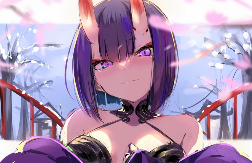 1girl bare_shoulders bob_cut breasts closed_mouth eyebrows_visible_through_hair fate/grand_order fate_(series) highres horns looking_at_viewer oni oni_horns outdoors petals purple_hair shuten_douji_(fate/grand_order) sketch small_breasts smile snow solo spider_apple upper_body violet_eyes