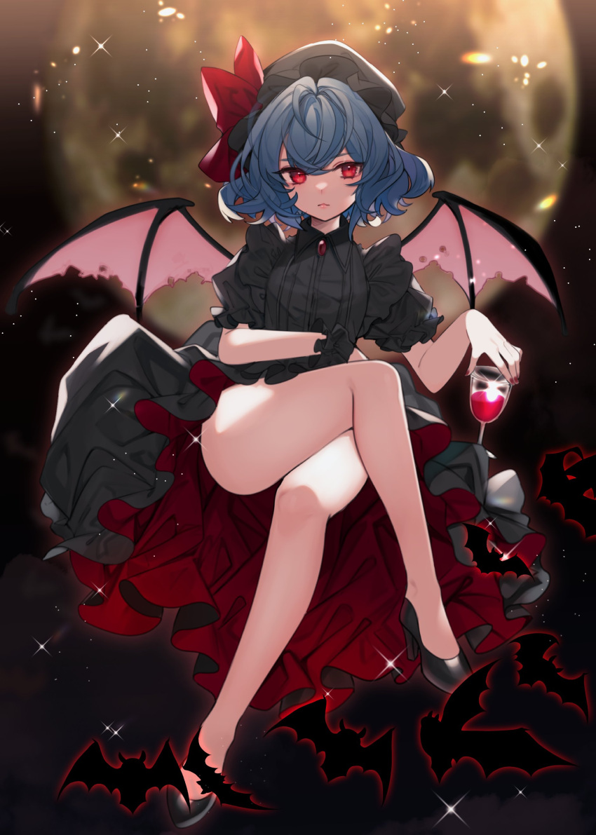 1girl absurdres alternate_color alternate_costume bat bat_wings black_dress black_footwear black_headwear blue_hair brooch commentary crossed_legs cup daimaou_ruaeru dress drinking_glass english_commentary full_body full_moon grey_background hat hat_ribbon high_heels highres holding holding_cup invisible_chair jewelry mob_cap moon pumps red_eyes red_nails red_ribbon remilia_scarlet ribbon short_hair short_sleeves single_wrist_cuff sitting solo sparkle touhou two-sided_fabric two-sided_skirt wine_glass wings wrist_cuffs