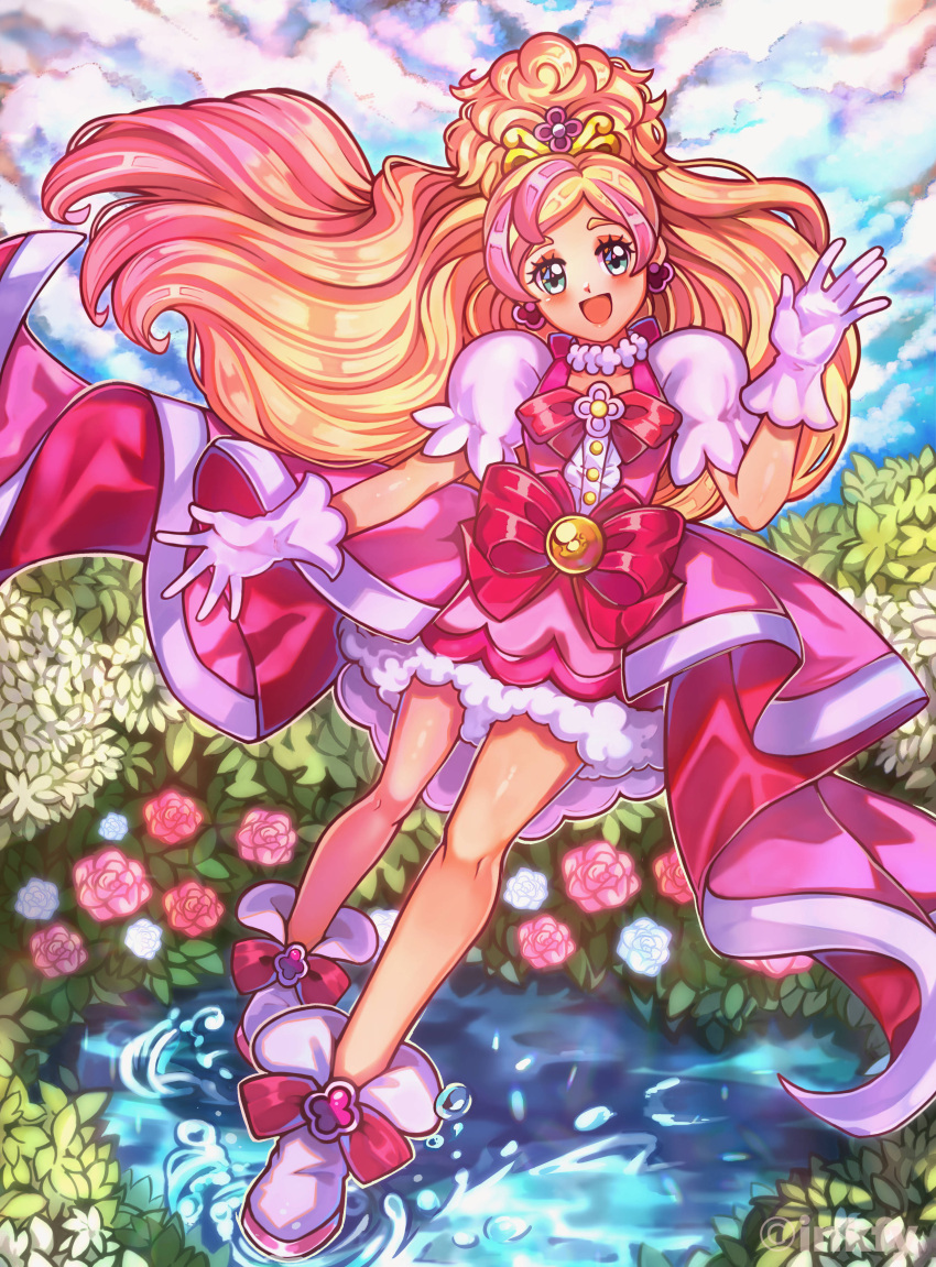 :d absurdres bare_legs blonde_hair bow center_frills clouds cure_flora earrings flower flower_earrings flower_necklace frills full_body gloves go!_princess_precure gradient_hair green_eyes hair_ornament haruno_haruka highres inkfy jewelry leaf long_hair looking_at_viewer magical_girl multicolored_hair necklace open_mouth outdoors petticoat pink_bow pink_flower pink_hair pink_rose pink_skirt precure puddle rose shiny shiny_skin shoes skirt smile streaked_hair thick_eyebrows waist_bow water white_footwear white_gloves