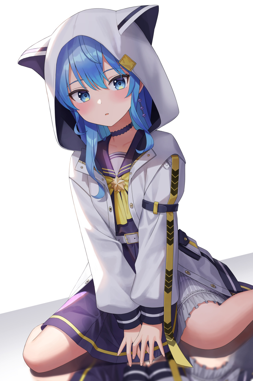 1girl absurdres animal_hood bangs belt beomko blue_choker blue_eyes blue_hair blush bow bowtie choker commentary eyebrows_visible_through_hair hair_between_eyes high-waist_skirt highres hololive hood hood_up hoshimachi_suisei jacket long_hair long_sleeves looking_at_viewer open_clothes open_jacket parted_lips puffy_long_sleeves puffy_sleeves purple_sailor_collar purple_skirt reflection revision sailor_collar sitting skirt solo star_(symbol) star_in_eye symbol_in_eye v_arms virtual_youtuber wariza white_belt white_jacket yellow_bow yellow_bowtie