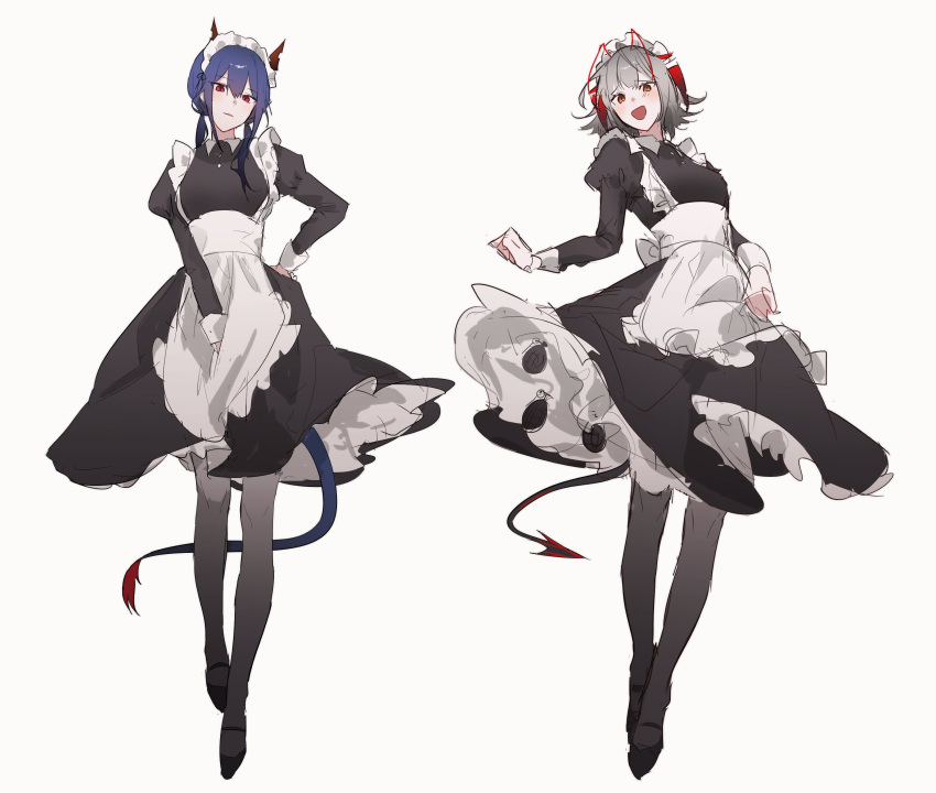 112423a 2girls absurdres alternate_costume apron arknights black_dress black_footwear blue_hair blush breasts ch'en_(arknights) closed_mouth demon_horns demon_tail dragon_horns dress enmaided expressionless eyebrows_visible_through_hair frilled_dress frills full_body hair_between_eyes hand_on_hip highres horns long_sleeves looking_at_viewer maid maid_apron maid_headdress medium_breasts medium_hair multicolored_hair multiple_girls open_mouth orange_eyes puffy_long_sleeves puffy_sleeves red_eyes redhead shoes short_hair silver_hair simple_background sketch smile streaked_hair tail twintails two-tone_hair w_(arknights) white_background