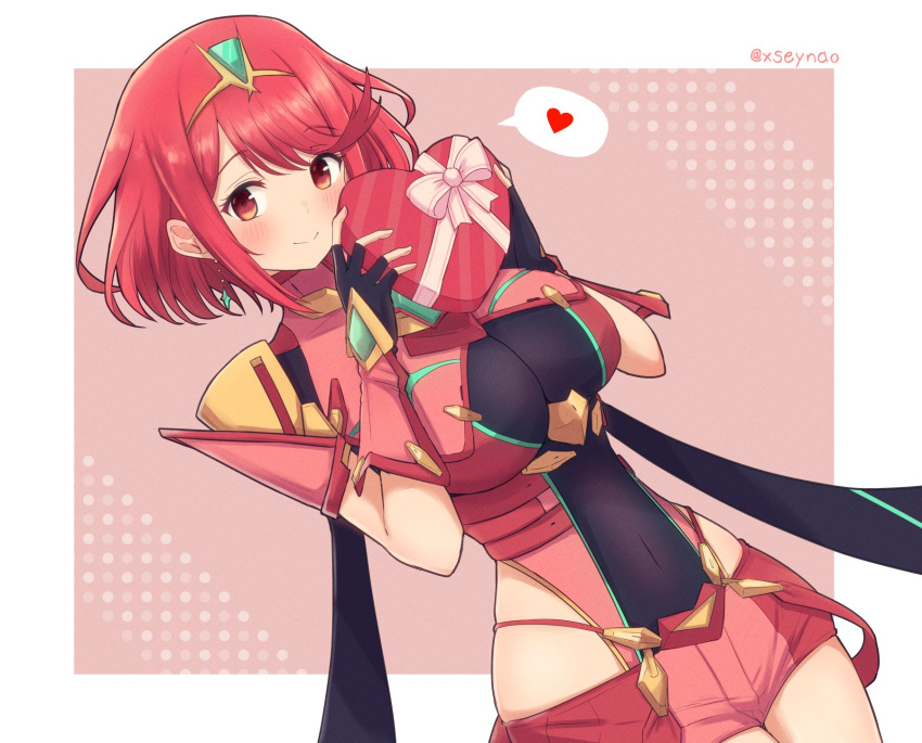 1girl breasts candy chocolate chocolate_heart earrings food gloves heart highres jewelry large_breasts mochimochi_(xseynao) pyra_(xenoblade) red_eyes redhead short_hair skindentation solo valentine xenoblade_chronicles_(series) xenoblade_chronicles_2