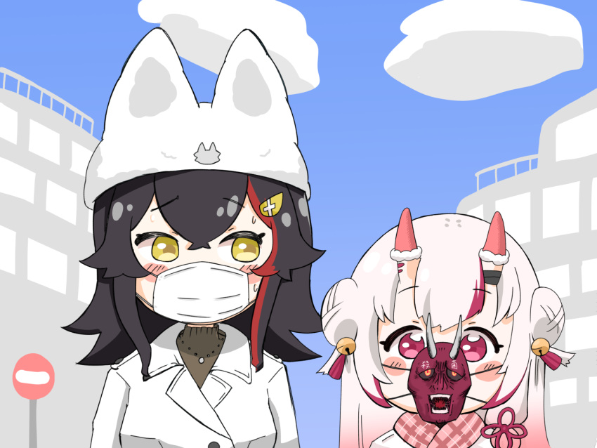 2girls animal_ears bell black_hair city double_bun hair_bell hair_ornament hat hololive horn_warmers horns kani_bonara mask mouth_mask multiple_girls nakiri_ayame oni_horns oni_mask ookami_mio red_eyes road_sign sign stop_sign surgical_mask virtual_youtuber white_hair yellow_eyes you're_doing_it_wrong