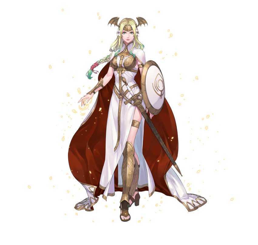 1girl absurdres arm_guards armor aureolin31 blonde_hair braid cape chain closed_mouth commentary_request dress fingernails fire_emblem fire_emblem:_three_houses fire_emblem_heroes flower gradient gradient_hair green_eyes green_hair hair_flower hair_ornament high_heels highres lips long_dress long_hair looking_at_viewer low-tied_long_hair multicolored_hair official_art open_toe_shoes seiros_(fire_emblem) sheath sheathed shield simple_background single_braid sleeveless sleeveless_dress solo standing sword thigh_strap tied_hair two-tone_hair weapon white_background white_dress