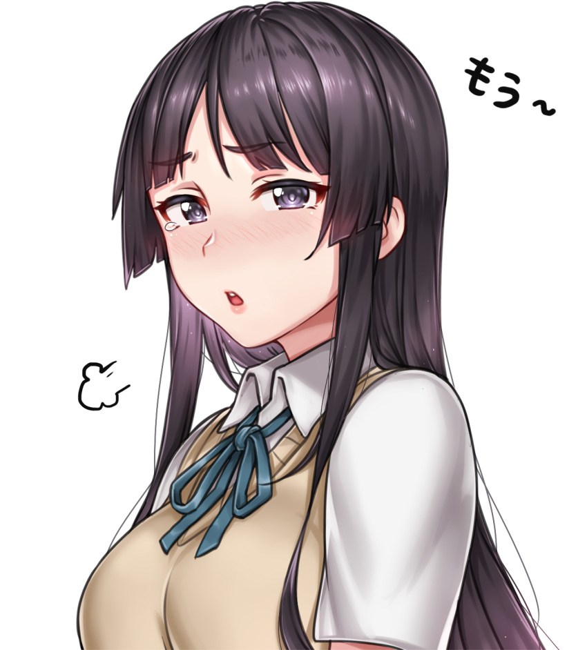 1girl :o =3 akiyama_mio black_eyes black_hair blue_ribbon blush breasts collared_shirt eyebrows_visible_through_hair from_side highres k-on! long_hair looking_at_viewer medium_breasts neck_ribbon open_mouth ribbon school_uniform shirt sidelocks sigh simple_background solo sweater sweater_vest tears upper_body upper_teeth upset v-neck vest white_background wing_collar yakimi_27