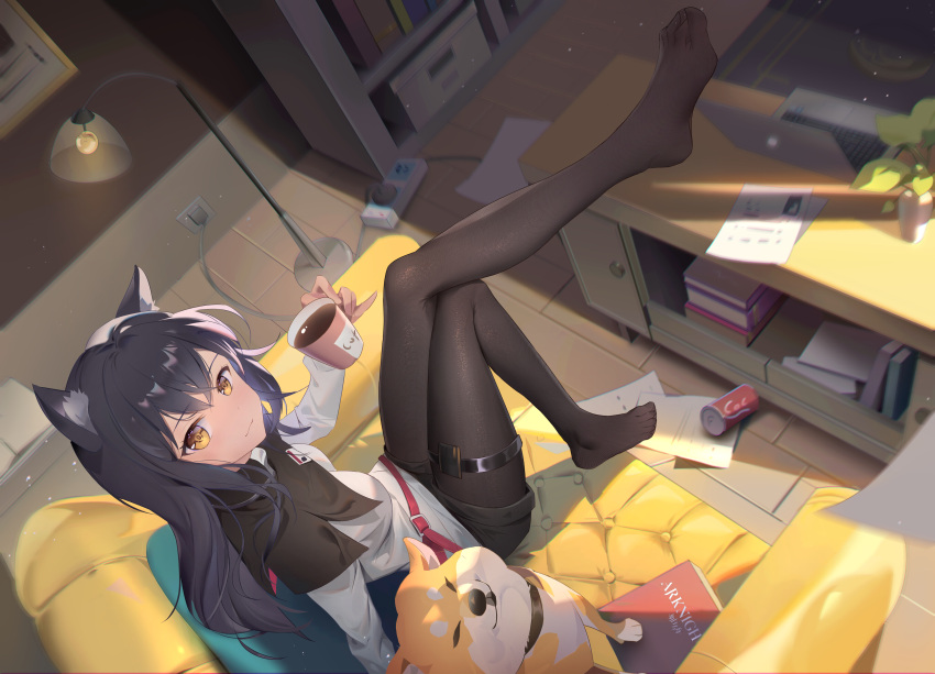 1girl absurdres animal_ear_fluff animal_ears arknights black_capelet black_legwear blonde_hair blue_hair capelet colored_inner_hair computer couch feet feet_up full_body highres id_card jacket long_hair looking_at_viewer multicolored_hair no_shoes pantyhose smile somna texas_(arknights) thigh-highs toes white_jacket wolf_ears wolf_girl