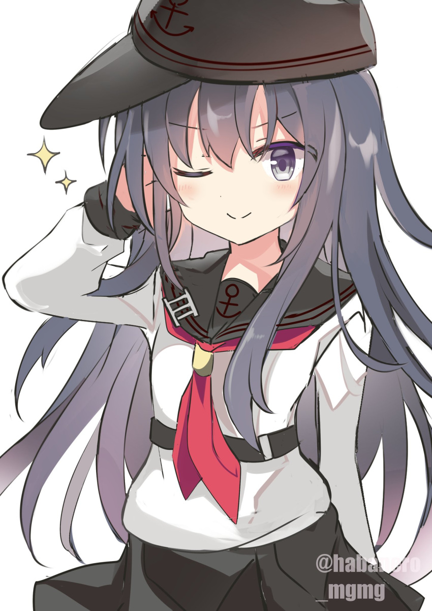 1girl akatsuki_(kantai_collection) anchor_symbol black_headwear black_sailor_collar black_skirt blush eyebrows_visible_through_hair fathom flat_cap hair_between_eyes hat highres kantai_collection long_hair long_sleeves neckerchief one_eye_closed pleated_skirt purple_hair red_neckwear remodel_(kantai_collection) sailor_collar school_uniform serafuku simple_background skirt smile solo sparkle twitter_username upper_body violet_eyes white_background