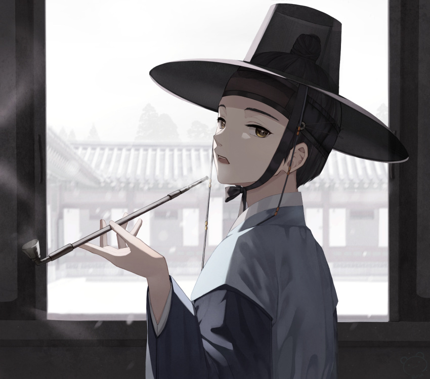 1boy black_hair black_headwear brown_eyes commentary_request hanbok hand_up hat highres holding holding_pipe indoors kiseru korean_clothes long_sleeves male_focus open_mouth original pipe ruda_(ruda_e) see-through signature smoke solo topknot upper_body upper_teeth wide_sleeves