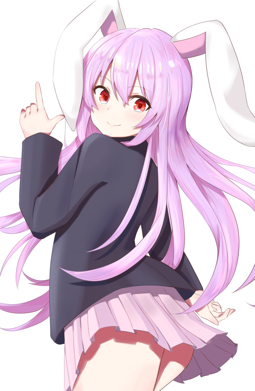 1girl absurdres animal_ears appo_(36786257) bangs blush closed_mouth eyebrows_visible_through_hair finger_gun hair_between_eyes hand_up highres long_hair looking_at_viewer looking_back pink_hair rabbit_ears red_eyes reisen_udongein_inaba sidelocks simple_background skirt smile solo touhou white_background