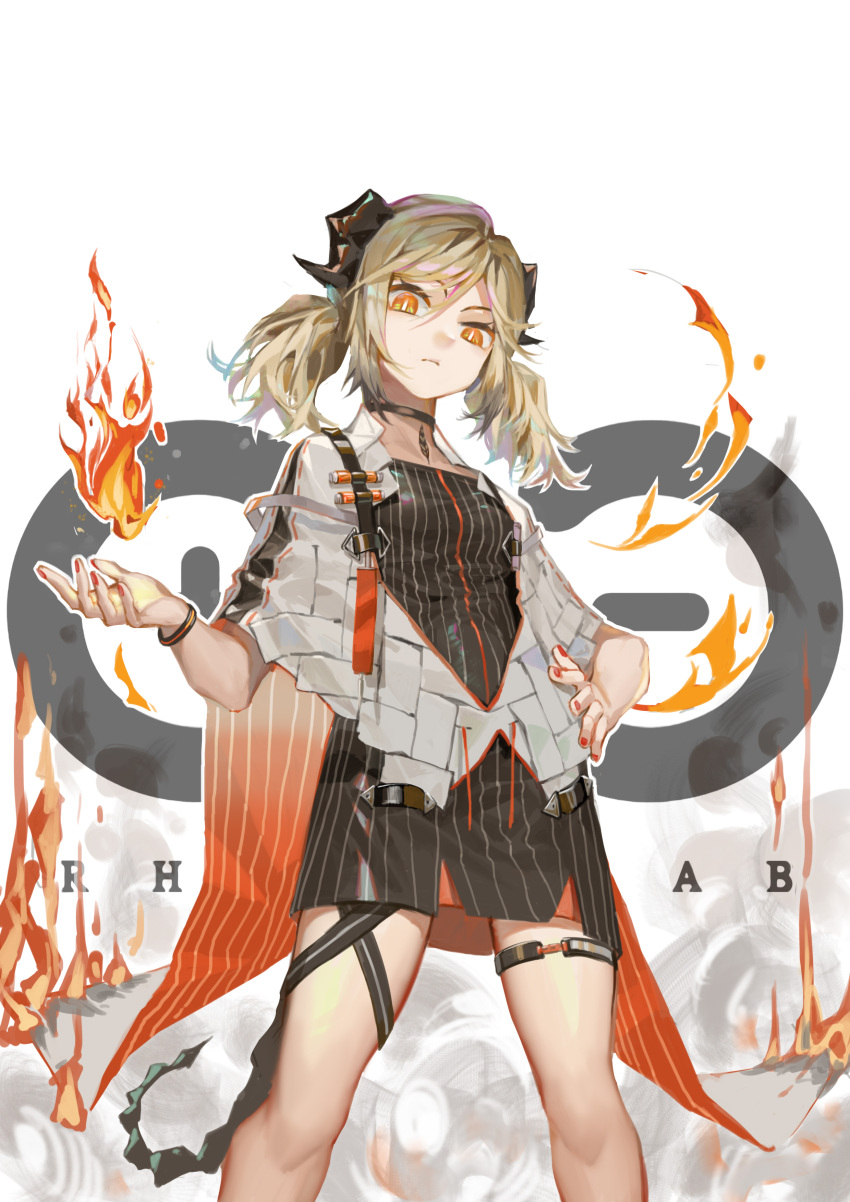 1girl absurdres arknights black_choker black_dress blonde_hair bright_pupils choker clay_(1517036882) closed_mouth commentary_request demon_girl demon_horns demon_tail dress feet_out_of_frame fire grey_jacket hand_on_hip highres horns ifrit_(arknights) jacket long_hair looking_at_viewer low_twintails nail_polish open_clothes open_jacket orange_eyes pyrokinesis red_nails rhine_lab_logo serious short_sleeves smoke solo standing striped tail thigh_gap twintails vertical-striped_dress vertical_stripes wristband