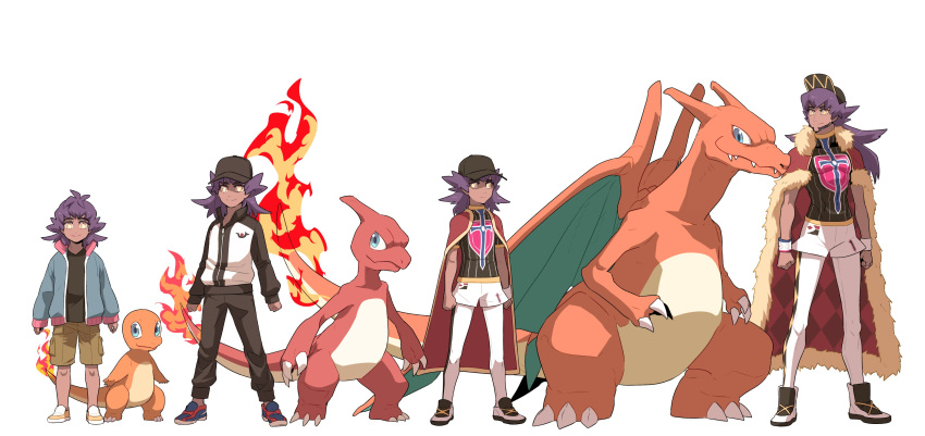 1boy absurdres age_progression bangs baseball_cap black_headwear cape champion_uniform charizard charmander charmeleon commentary dark_skin dark_skinned_male dynamax_band facial_hair fire fur-trimmed_cape fur_trim gen_1_pokemon hat highres jacket knees leon_(pokemon) long_hair long_sleeves male_focus number pokemon pokemon_(creature) pokemon_(game) pokemon_swsh purple_hair red_cape redlhzz shirt shoes short_shorts shorts smile standing white_legwear white_shorts yellow_eyes younger