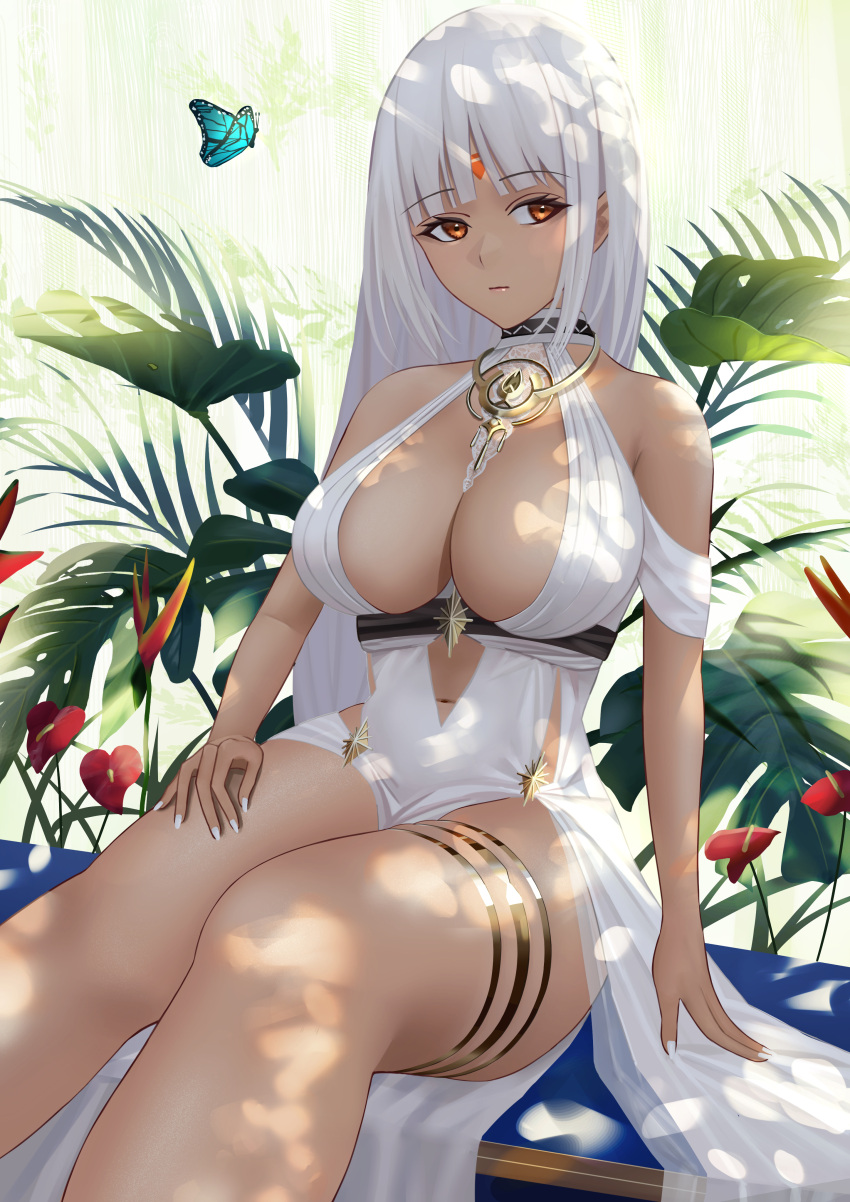 1girl absurdres azur_lane bare_shoulders blue_butterfly body_markings breasts bug butterfly center_opening cocktail_dress dark_skin dark-skinned_female dress evening_gown eyebrows_visible_through_hair facial_mark forehead_mark gold_choker halter_dress highres insect large_breasts long_dress long_hair looking_to_the_side massachusetts_(azur_lane) massachusetts_(dressed_to_impress)_(azur_lane) native_american no_bra orange_eyes plant sitting sleeveless sleeveless_dress solo thighlet white_hair white_nails you_(yoyou)