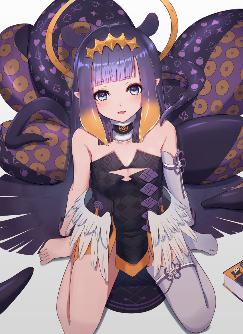 1girl absurdres animal_ears appo_(36786257) bangs barefoot blue_eyes blunt_bangs blush breasts eyebrows_visible_through_hair halo headpiece highres hololive hololive_english long_hair looking_at_viewer mole mole_under_eye multicolored_hair ninomae_ina'nis open_mouth pointy_ears purple_hair single_thighhigh sitting small_breasts solo tentacle_hair tentacles thigh-highs virtual_youtuber wariza white_legwear