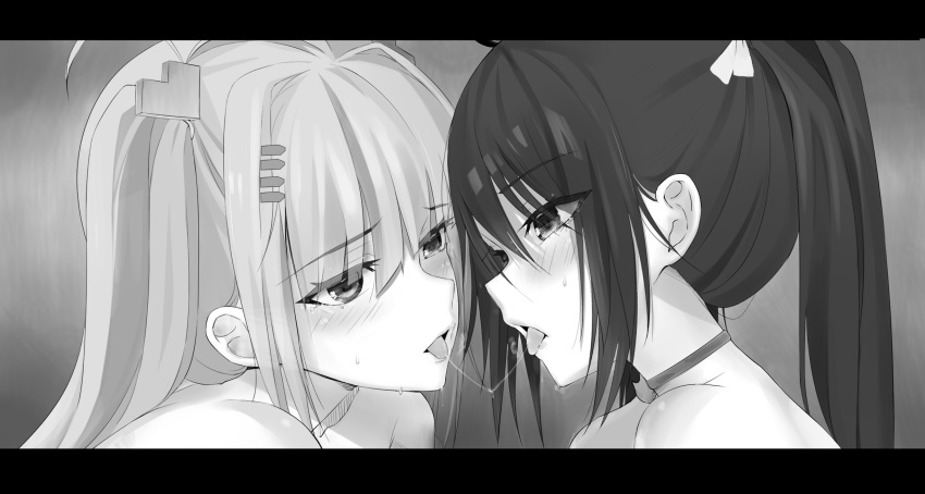 2girls after_kiss ahoge bangs blush commentary_request eye_contact eyebrows_visible_through_hair eyes_visible_through_hair face from_side greyscale hair_ornament hair_ribbon heart heart_hair_ornament highres letterboxed long_hair looking_at_another looking_at_viewer monochrome multiple_girls open_mouth ribbon saliva saliva_trail shinka_musume shinka_musume_channel tongue twintails virtual_youtuber xila_qian_tang_shi yuri