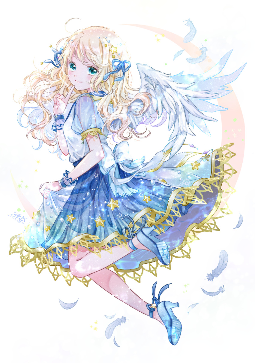 absurdres blonde_hair blue_eyes blue_footwear blue_ribbon blue_skirt closed_mouth feathered_wings feathers finger_to_own_chin hair_ribbon high_heels highres kousagi looking_back moon original ribbon see-through_sleeves shirt short_sleeves skirt smile solo star_(symbol) white_background white_ribbon white_wings wings