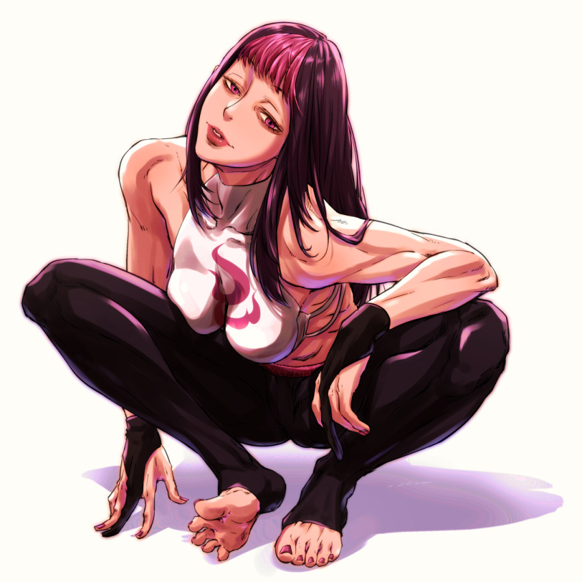 1girl achandraws alternate_costume alternate_hairstyle bangs barefoot black_hair black_pants breasts feet fingerless_gloves gloves han_juri leggings middle_finger multicolored_hair pants purple_hair sleeveless street_fighter street_fighter_v toeless_legwear toenail_polish two-tone_hair violet_eyes white_background