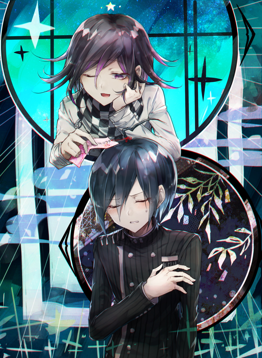2boys :d ahoge bangs black_hair black_jacket checkered cheek_rest closed_eyes commentary_request dangan_ronpa_(series) dangan_ronpa_v3:_killing_harmony eyebrows_visible_through_hair foreshortening goto_(sep) grey_jacket hand_up highres holding jacket long_sleeves looking_at_another looking_down male_focus multicolored multicolored_background multiple_boys one_eye_closed open_mouth ouma_kokichi purple_hair saihara_shuuichi scarf shiny shiny_hair short_hair smile star_(symbol) star_print straitjacket striped striped_jacket sweatdrop upper_body vertical_stripes violet_eyes white_jacket