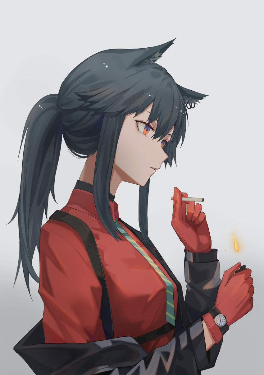 1girl absurdres animal_ears arknights bangs black_hair black_jacket cigarette earrings fire from_side gradient gradient_background green_neckwear grey_background highres holding holding_cigarette jacket jewelry lighter long_hair long_sleeves necktie off_shoulder open_clothes open_jacket parted_lips ponytail red_eyes red_shirt senkane shirt sidelocks solo striped striped_neckwear suspenders texas_(arknights) texas_(willpower)_(arknights) watch watch wolf_ears wolf_girl