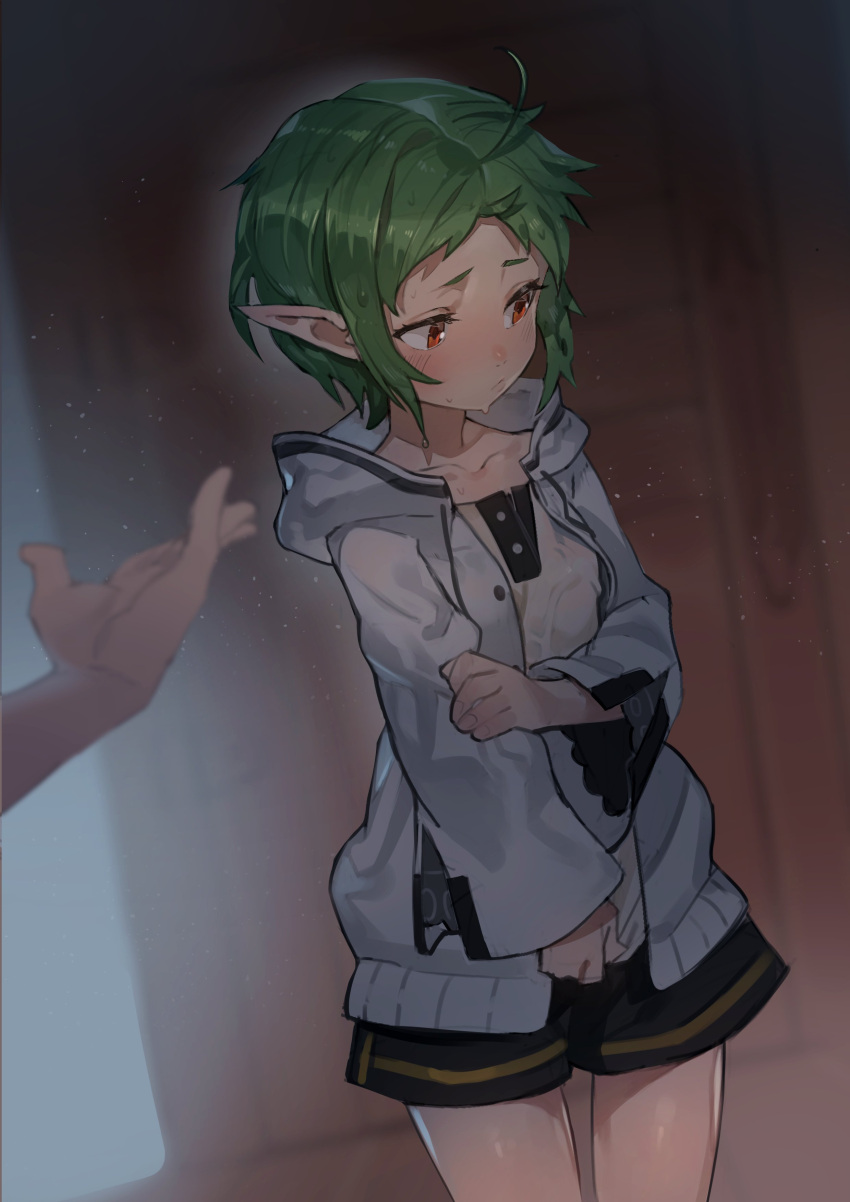 1girl absurdres ahoge bangs black_shorts brown_eyes collarbone cowboy_shot dark elf green_hair hand_on_own_arm highres hood hoodie light_blush looking_away looking_to_the_side mushoku_tensei open_clothes open_hoodie outstretched_hand parted_bangs pointy_ears sad shirt short_eyebrows short_hair short_shorts shorts solo_focus sylphiette_(mushoku_tensei) uedrk_yamato wet wet_clothes wet_shirt white_hoodie white_shirt wide_sleeves