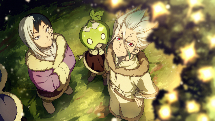 1girl 2boys :o arm_at_side asagiri_gen bandaged_arm bandages black_hair blue_eyes blurry boots brown_footwear child closed_mouth clothing_request coat commentary_request depth_of_field dr._stone food food_on_head from_above fruit fur-trimmed_coat fur_trim grass hair_between_eyes hand_on_hip hands_in_opposite_sleeves highres ishigami_senkuu long_hair long_sleeves looking_at_viewer looking_to_the_side looking_up multicolored_hair multiple_boys object_on_head outdoors purple_coat purple_footwear red_eyes sayshownen shadow short_hair smile spiky_hair standing suika_(dr.stone) twitter_username two-tone_hair watermark watermelon white_hair