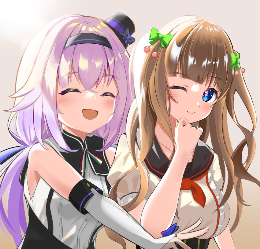 .live 2girls blue_eyes blush breasts brown_hair carro_pino commentary_request detached_sleeves hair_ornament hair_ribbon headband highres kakyouin_chieri looking_at_viewer multiple_girls one_eye_closed purple_hair ribbon simple_background sleeveless smile virtual_youtuber