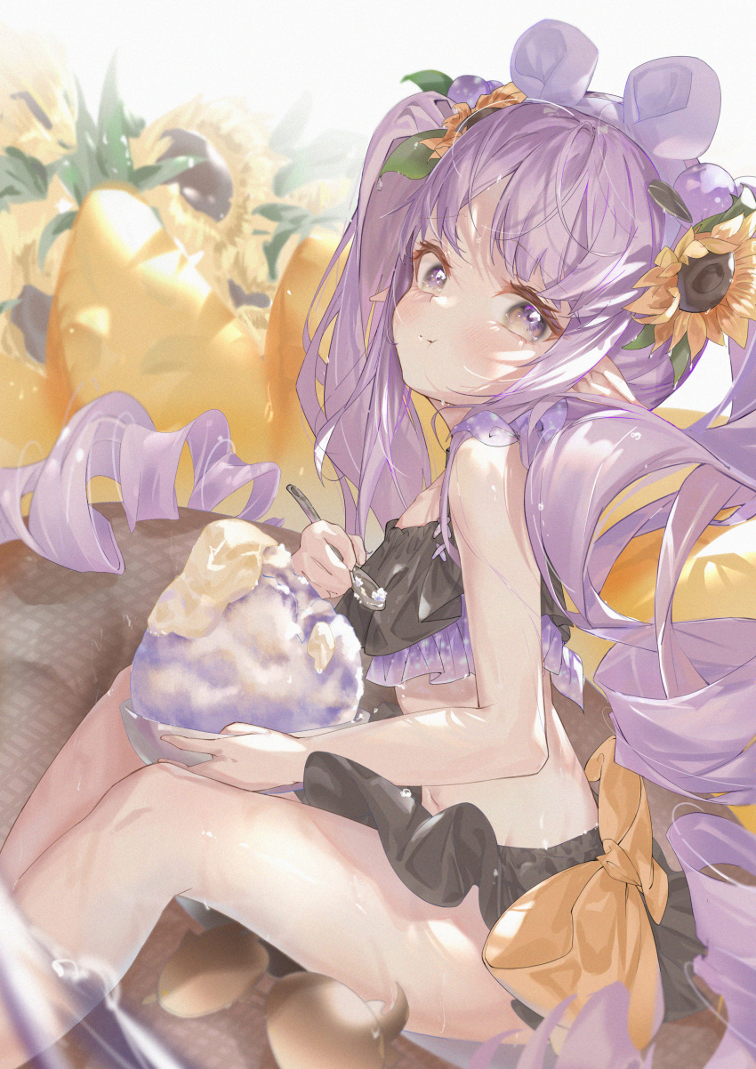 1girl absurdres animal_ears bare_arms bare_shoulders bikini black_bikini bow curly_hair eating eyewear_removed fake_animal_ears feet_out_of_frame flower food hair_bobbles hair_flower hair_ornament hairband highres holding holding_food holding_spoon huge_filesize kyouka_(princess_connect!) long_hair midriff navel orange_bow pointy_ears pola_(1021) princess_connect! princess_connect!_re:dive purple_hair ringlets shaved_ice sitting solo spoon sunflower sunglasses swimsuit twintails very_long_hair violet_eyes
