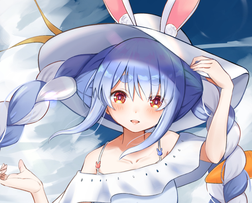 1girl animal_ear_fluff animal_ears appo_(36786257) arm_up bangs bare_shoulders blue_hair blush bra_strap braid breasts carrot_hair_ornament eyebrows_visible_through_hair food_themed_hair_ornament hair_between_eyes hair_ornament hand_up hat highres holding holding_clothes holding_hat hololive long_hair looking_at_viewer multicolored_hair off_shoulder open_mouth orange_eyes rabbit_ears small_breasts solo thick_eyebrows twin_braids two-tone_hair upper_teeth usada_pekora virtual_youtuber white_hair