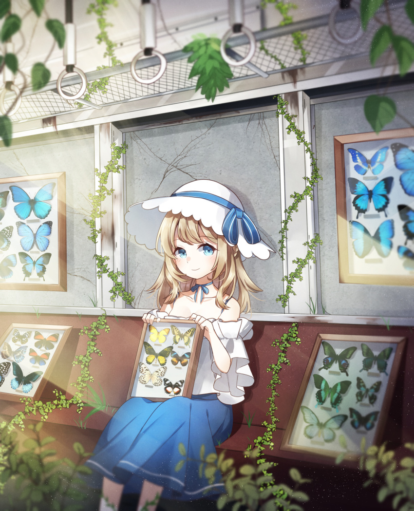 1girl absurdres ametama_(runarunaruta5656) bare_shoulders blonde_hair blue_butterfly blue_choker blue_eyes blue_skirt bug butterfly choker closed_mouth feet_out_of_frame frilled_sleeves frills ground_vehicle hat hat_ribbon highres insect light_blush long_skirt looking_at_viewer medium_hair off-shoulder_shirt off_shoulder original ribbon ribbon_choker ruins shirt short_sleeves sitting skirt smile solo train white_hair white_shirt wide_sleeves yellow_butterfly