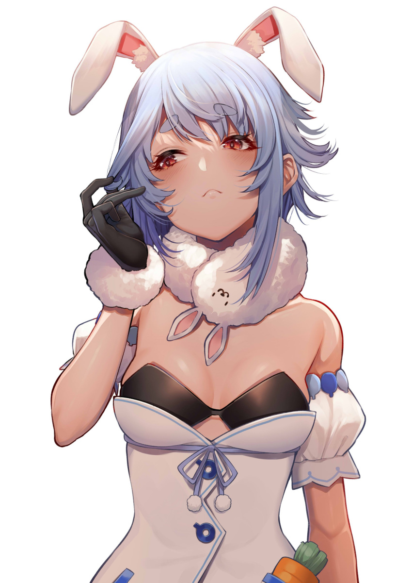 1girl absurdres alternate_hairstyle animal_ear_fluff animal_ears bare_shoulders blue_hair breasts gloves highres hololive looking_at_viewer mikan_(chipstar182) rabbit_ears short_hair solo usada_pekora virtual_youtuber