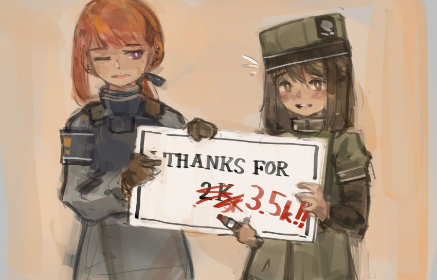 2girls bangs blush brown_eyes brown_hair eyebrows_visible_through_hair green_headwear hat highres holding holding_marker holding_sign looking_to_the_side marker milestone_celebration military military_uniform multiple_girls one_eye_closed open_mouth orange_hair original sign tied_hair uniform xerbatt