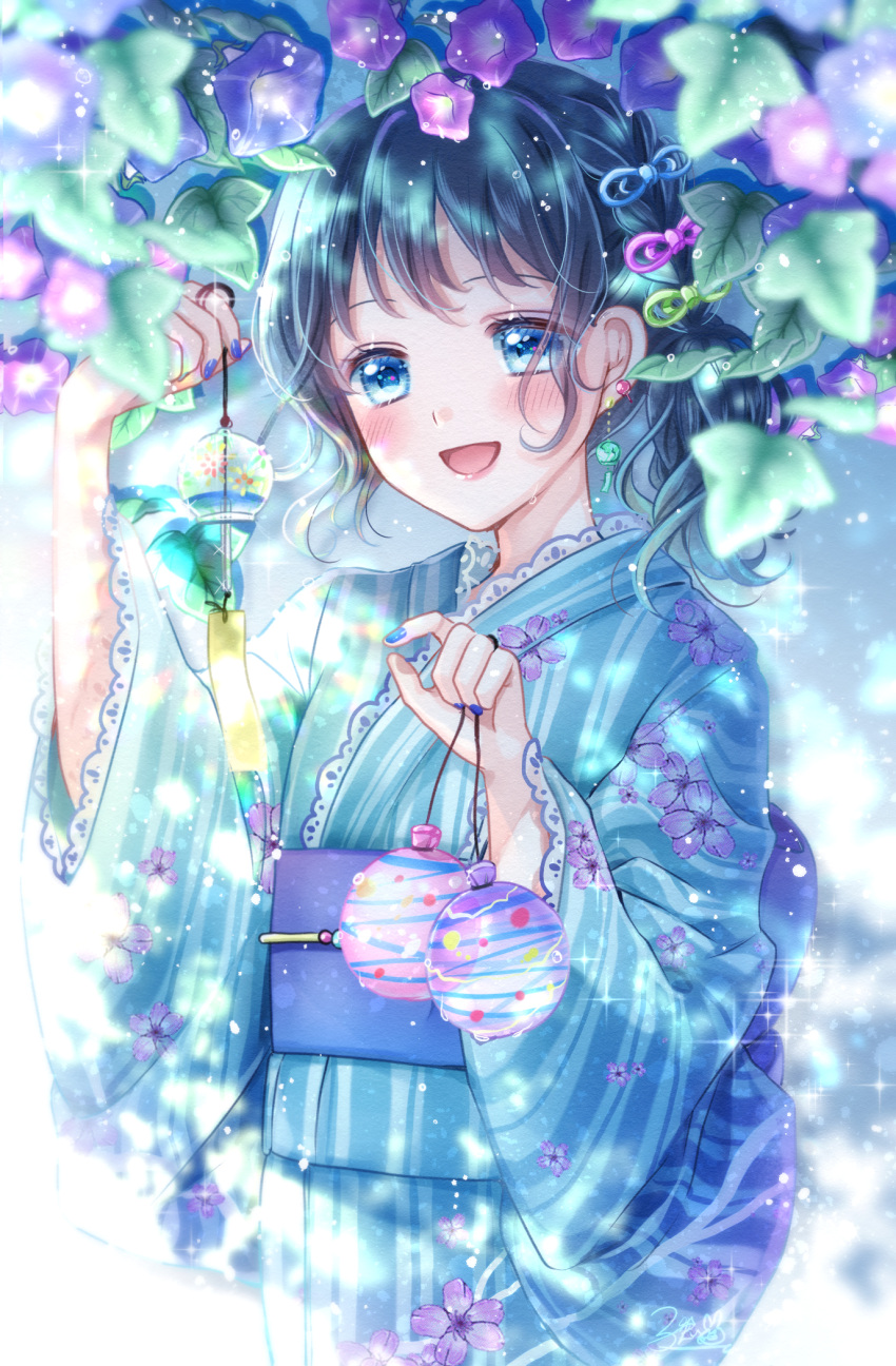 1girl :d black_hair blue_eyes blue_kimono earrings flower happy highres japanese_clothes jewelry kimono kousagi lace-trimmed_sleeves lace_trim morning_glory open_mouth original smile solo sparkle visible_ears wide_sleeves wind_chime yukata