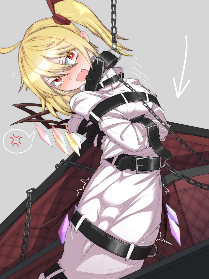 1girl anger_vein angry arrow_(symbol) bdsm belt belt_buckle blonde_hair bondage bound buckle chain coffin eyebrows_visible_through_hair fang flandre_scarlet highres menou_74 open_mouth red_eyes restrained short_hair side_ponytail skin_fang solo spoken_anger_vein straitjacket touhou v-shaped_eyebrows