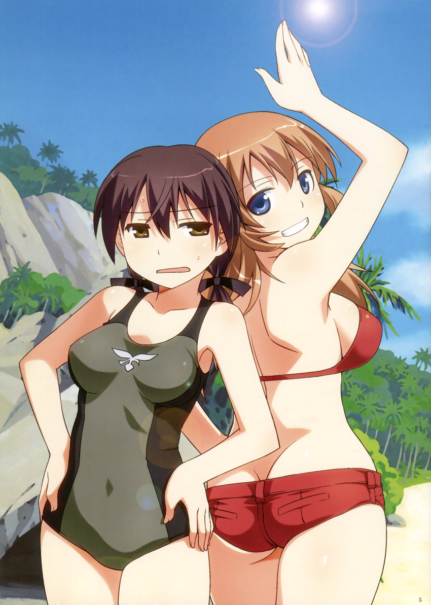 2girls absurdres ass beach bikini blue_eyes blush bow breasts brown_hair butt_crack charlotte_e_yeager covered_navel eyebrows_visible_through_hair gertrud_barkhorn grin hair_bow hair_ornament hands_on_hips highres large_breasts looking_back medium_breasts multiple_girls official_art outdoors parted_lips red_bikini red_shorts shiny shiny_hair shorts sky smile strike_witches sweat swimsuit swimwear twintails umekichi world_witches_series