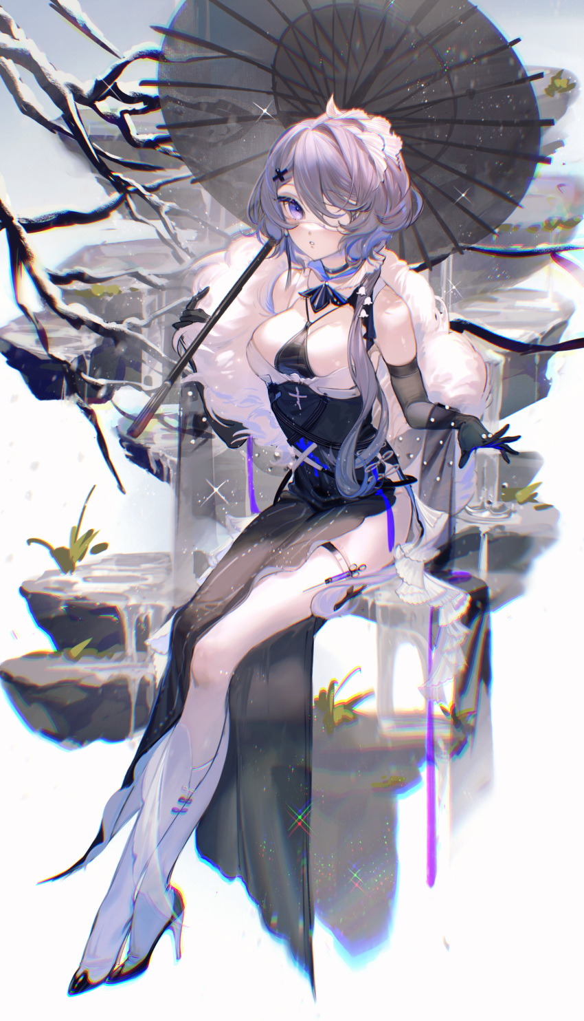 1girl absurdres arknights bangs bare_shoulders black_dress black_gloves black_umbrella blue_eyes breasts commentary dress elbow_gloves eyepatch feather_boa gloves high_heels highres looking_at_viewer medium_breasts oil-paper_umbrella rumoon_cocoa side_slit silver_hair sitting solo thighs umbrella whisperain_(arknights)